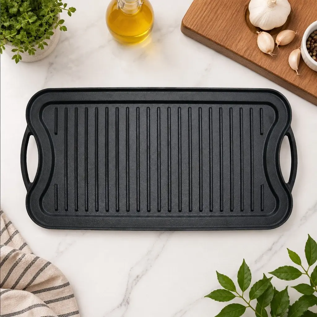 Cast Iron Griddle Pan Reversible Dual-Sided 50.5cm Black Non-Stick Frying Skillet