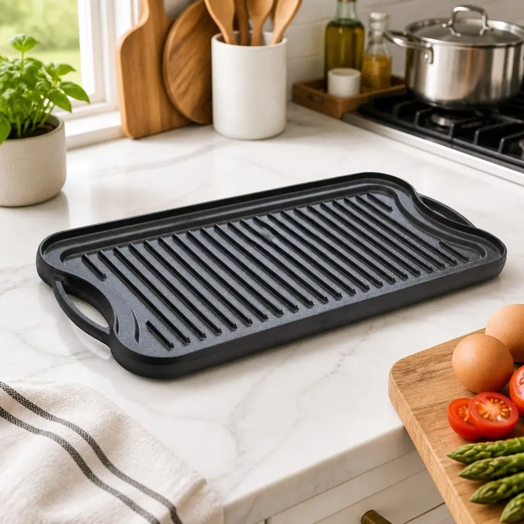 Cast Iron Griddle Pan Reversible Dual-Sided 50.5cm Black Non-Stick Frying Skillet