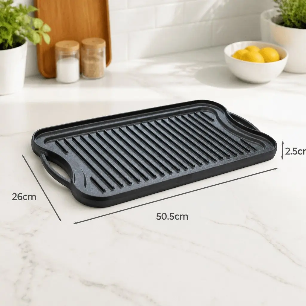 Cast Iron Griddle Pan Reversible Dual-Sided 50.5cm Black Non-Stick Frying Skillet
