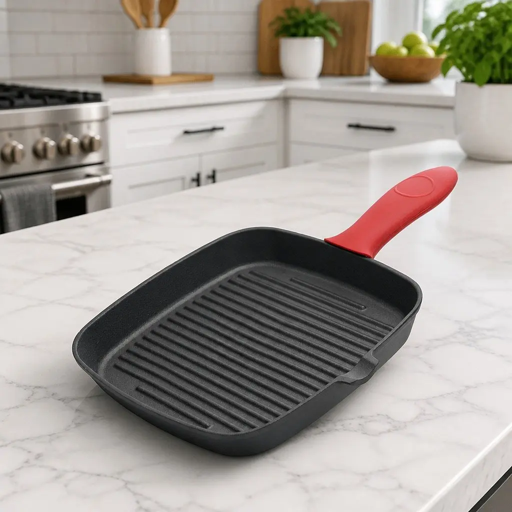 Cast Iron Square Grill Pan Heavy Duty Stovetop Oven Cookware 23.5 cm Black