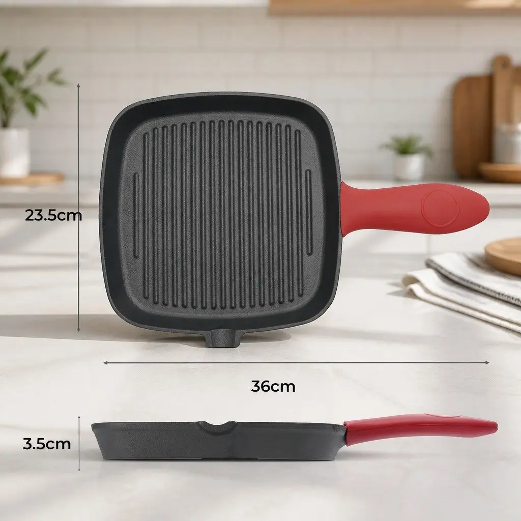 Cast Iron Square Grill Pan Heavy Duty Stovetop Oven Cookware 23.5 cm Black
