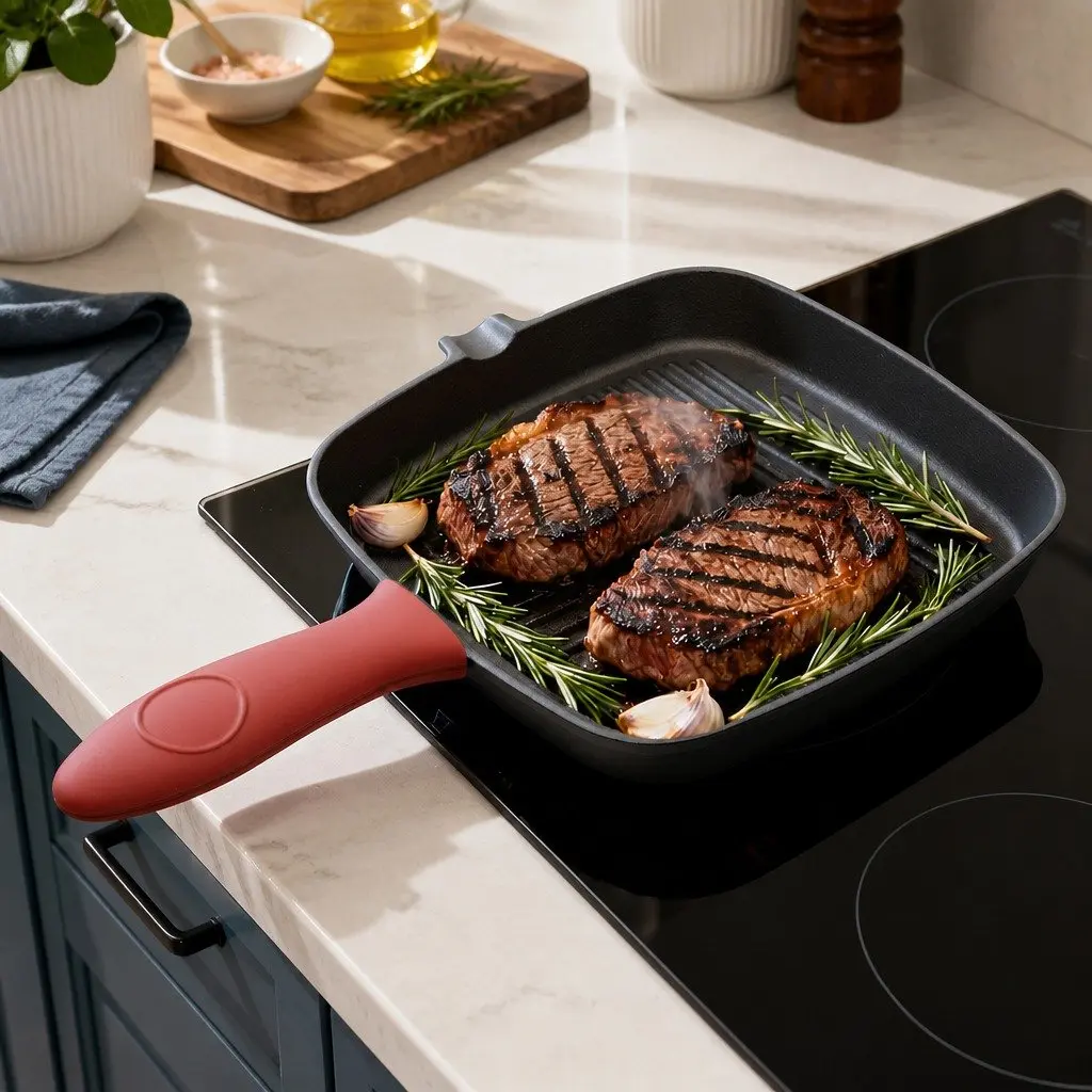 Cast Iron Square Grill Pan Heavy Duty Stovetop Oven Cookware 23.5 cm Black