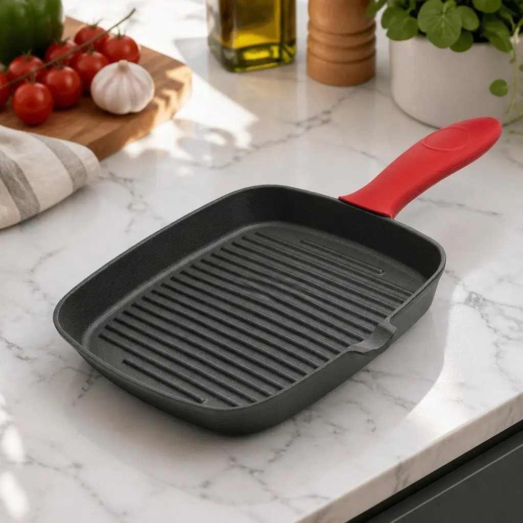 Cast Iron Square Grill Pan Heavy Duty Stovetop Oven Cookware 23.5 cm Black