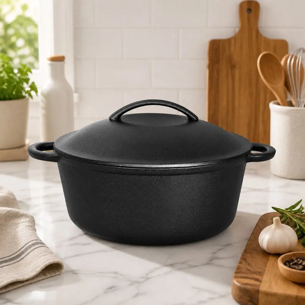 Cast Iron Dutch Oven Casserole Pot 6.6L Black Heavy Duty for Home and Camp Cooking
