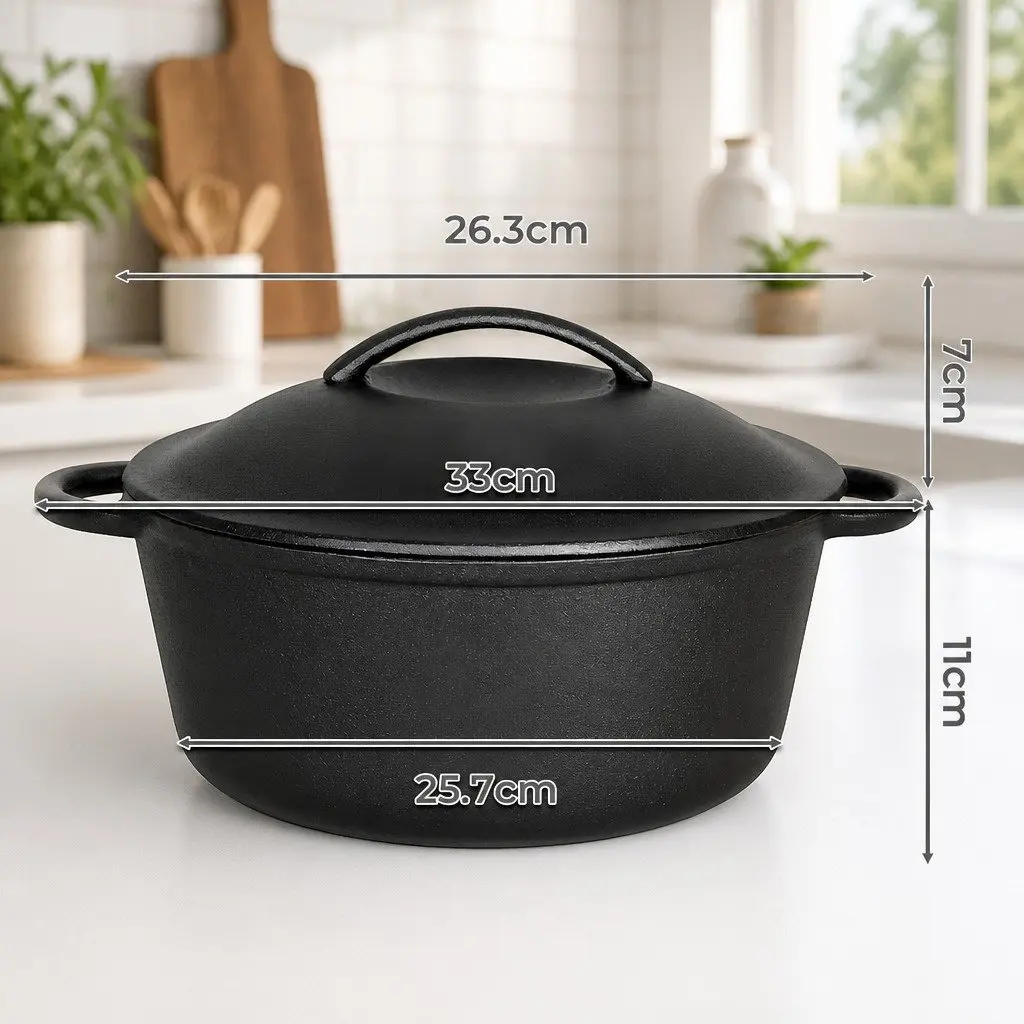 Cast Iron Dutch Oven Casserole Pot 6.6L Black Heavy Duty for Home and Camp Cooking