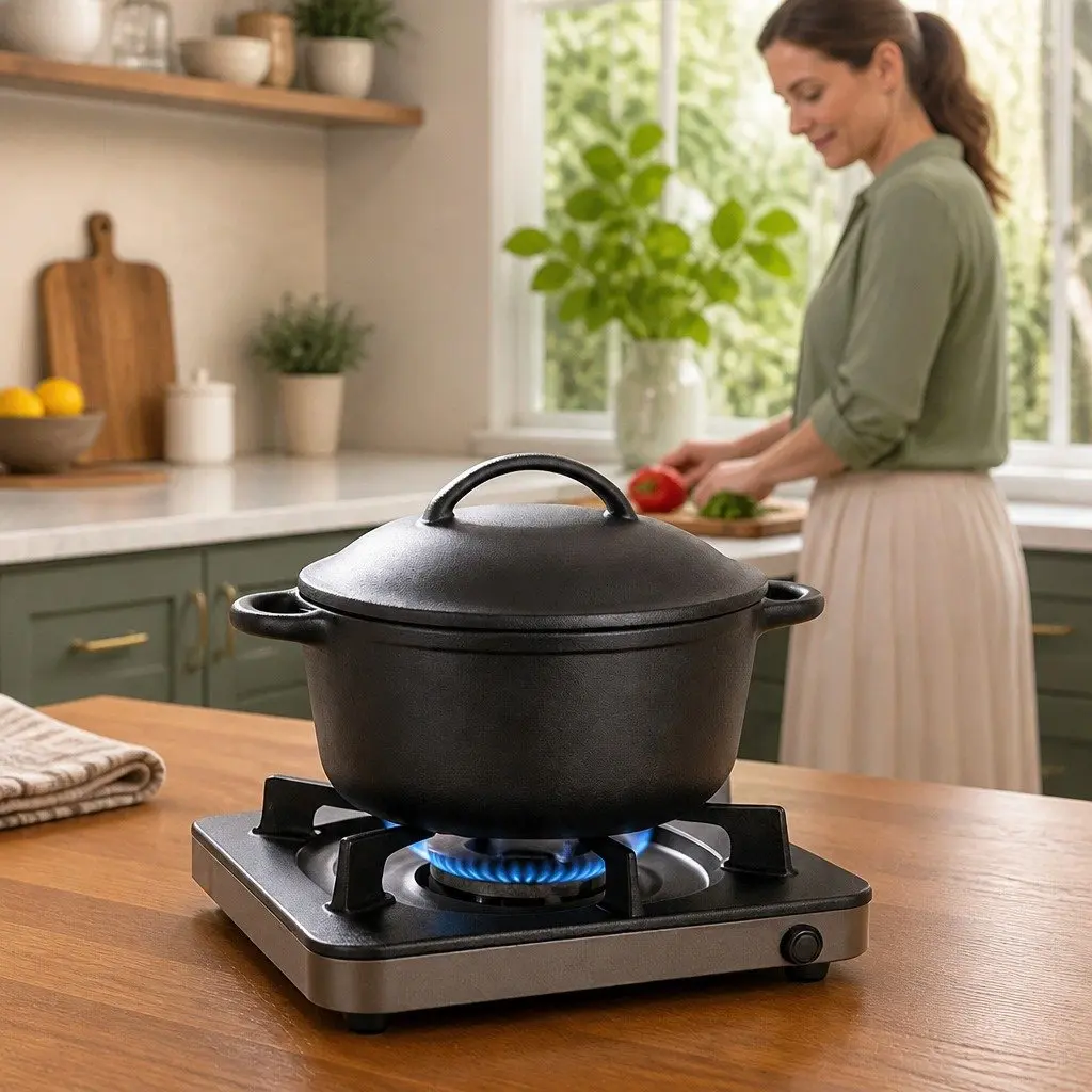 Cast Iron Dutch Oven Casserole Pot 6.6L Black Heavy Duty for Home and Camp Cooking