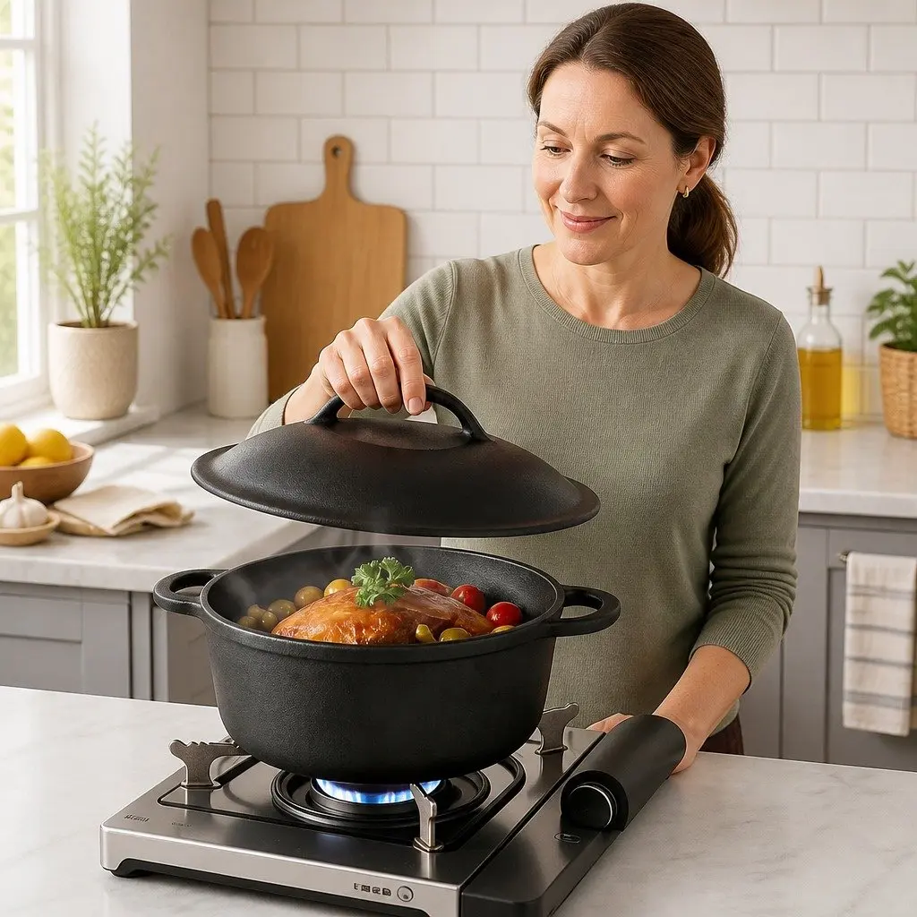Cast Iron Dutch Oven Casserole Pot 6.6L Black Heavy Duty for Home and Camp Cooking