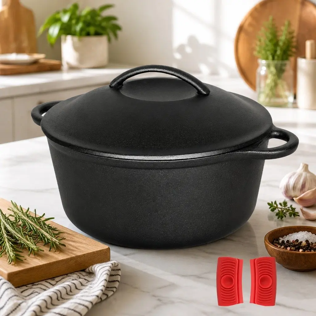Cast Iron Dutch Oven Casserole Pot 6.6L Black Heavy Duty for Home and Camp Cooking