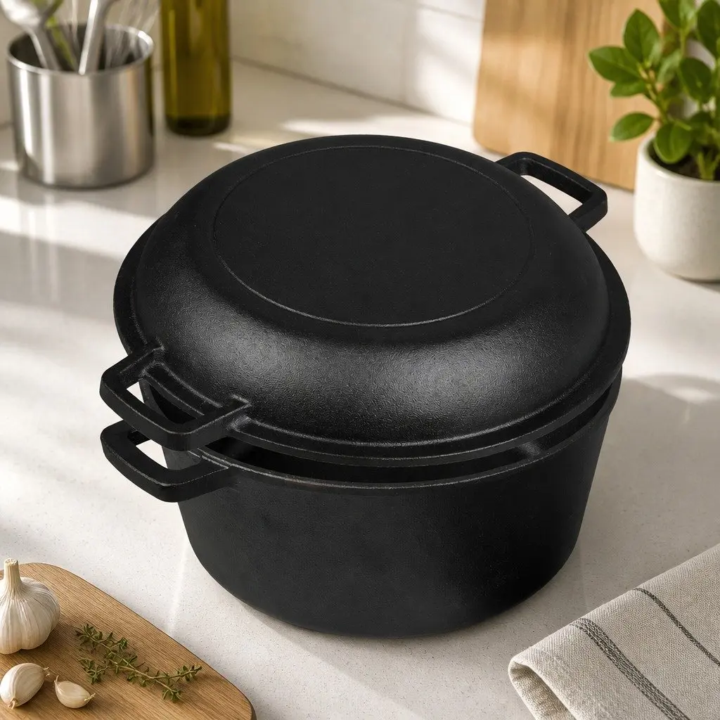 Cast Iron Double Dutch Oven Cooking Set 5.84L Shallow Pan Deep Pot Black
