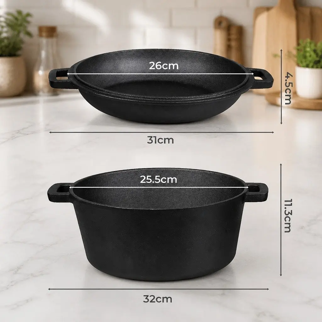 Cast Iron Double Dutch Oven Cooking Set 5.84L Shallow Pan Deep Pot Black