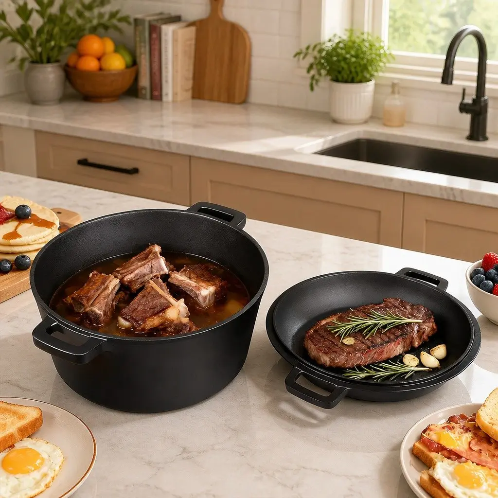 Cast Iron Double Dutch Oven Cooking Set 5.84L Shallow Pan Deep Pot Black