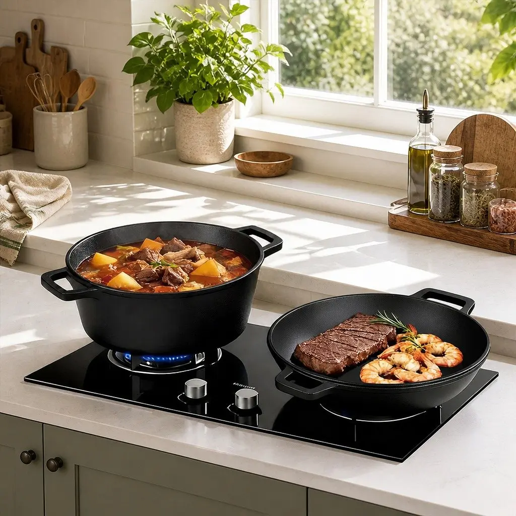 Cast Iron Double Dutch Oven Cooking Set 5.84L Shallow Pan Deep Pot Black