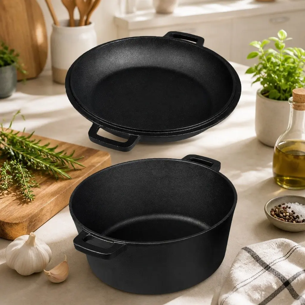 Cast Iron Double Dutch Oven Cooking Set 5.84L Shallow Pan Deep Pot Black