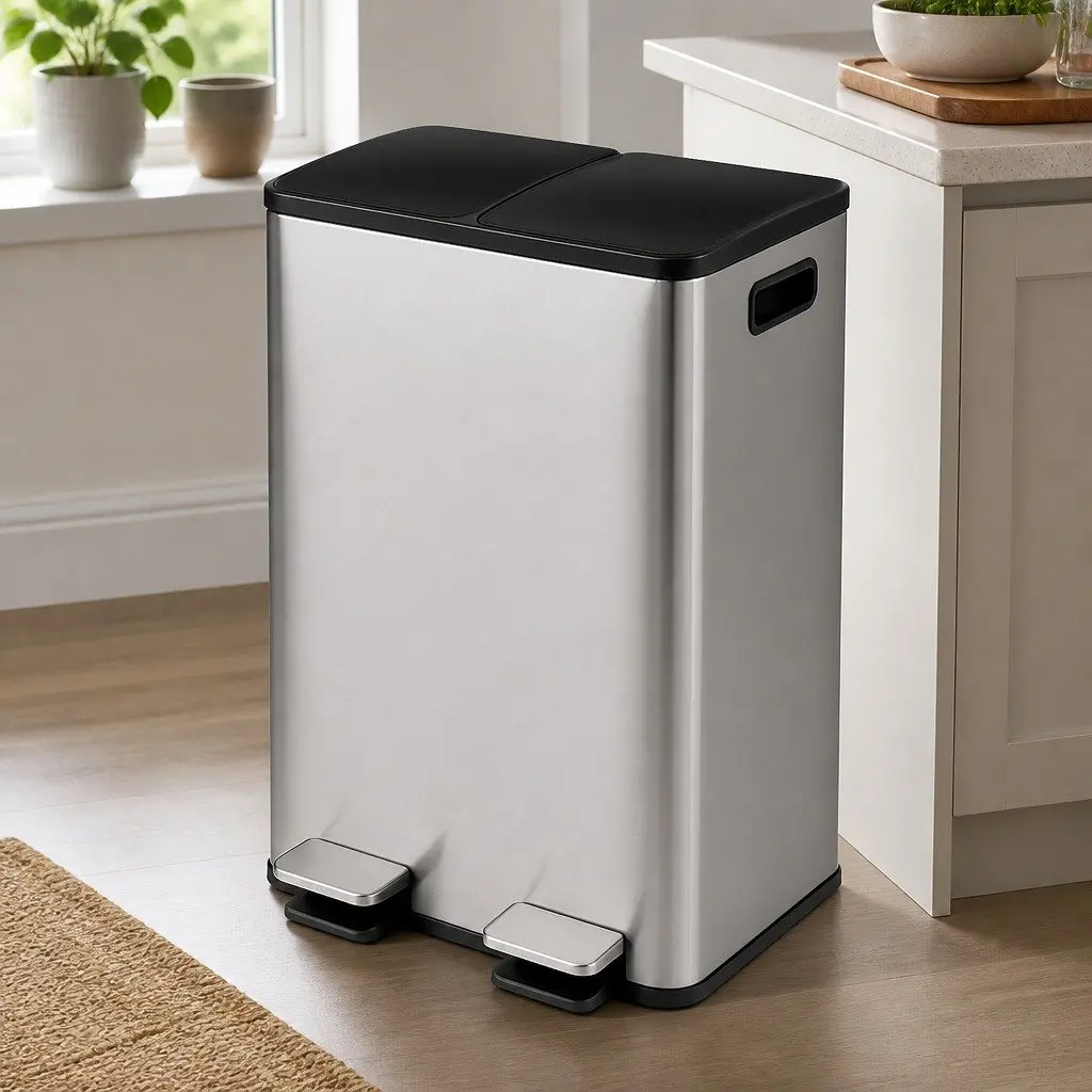 60L Dual Compartment Pedal Bin Kitchen Waste Recycling Dustbin Stainless Steel Black Silver