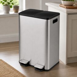 60L Dual Compartment Pedal Bin Kitchen Waste Recycling Dustbin Stainless Steel