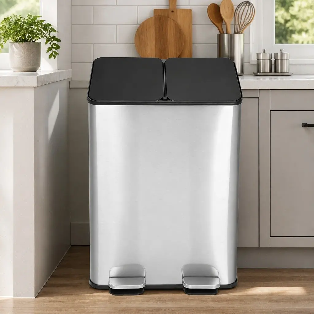 60L Dual Compartment Pedal Bin Kitchen Waste Recycling Dustbin Stainless Steel Black Silver