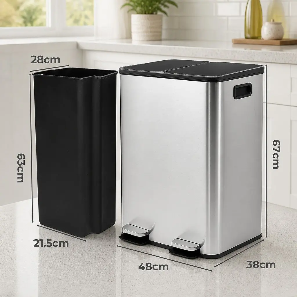 60L Dual Compartment Pedal Bin Kitchen Waste Recycling Dustbin Stainless Steel Black Silver