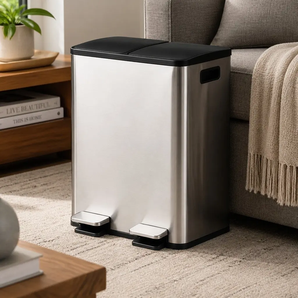 60L Dual Compartment Pedal Bin Kitchen Waste Recycling Dustbin Stainless Steel Black Silver