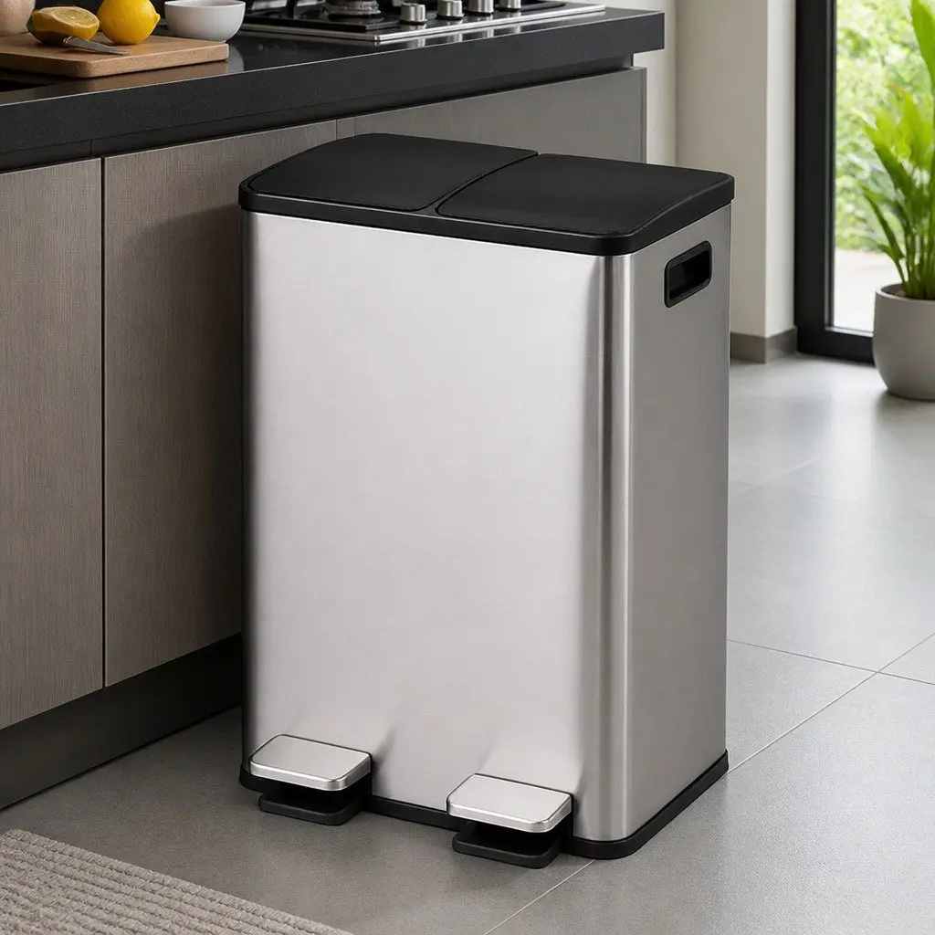 60L Dual Compartment Pedal Bin Kitchen Waste Recycling Dustbin Stainless Steel Black Silver
