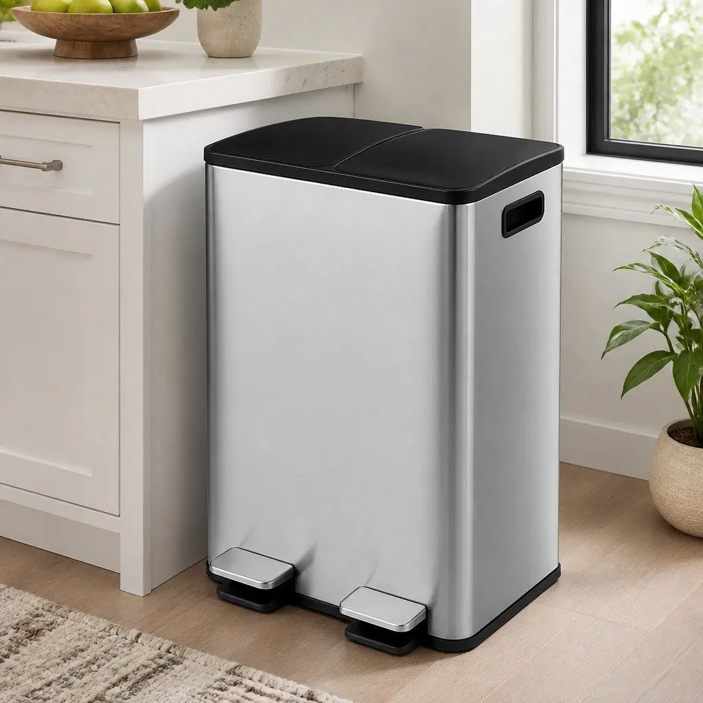 60L Dual Compartment Pedal Bin Kitchen Waste Recycling Dustbin Stainless Steel Black Silver