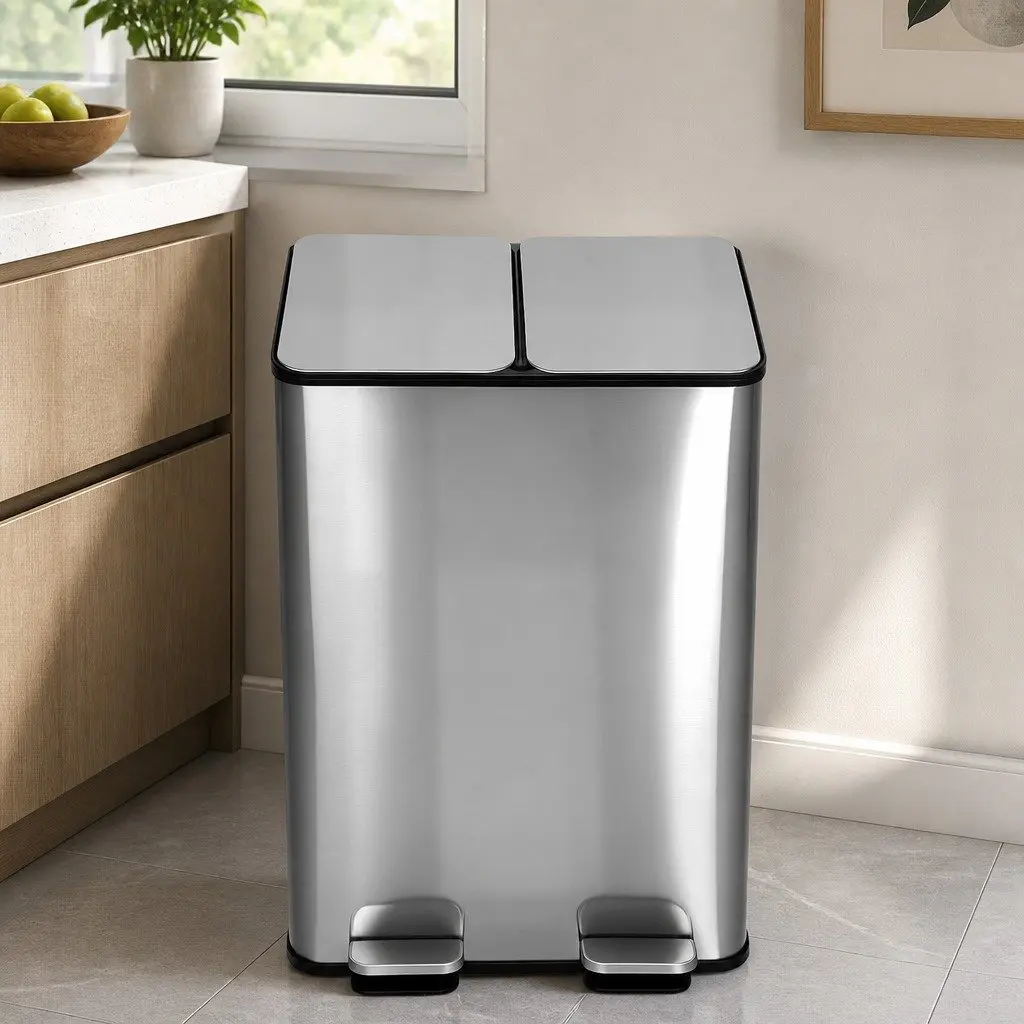 60L Dual Compartment Pedal Bin Kitchen Waste Recycling Dustbin Stainless Steel