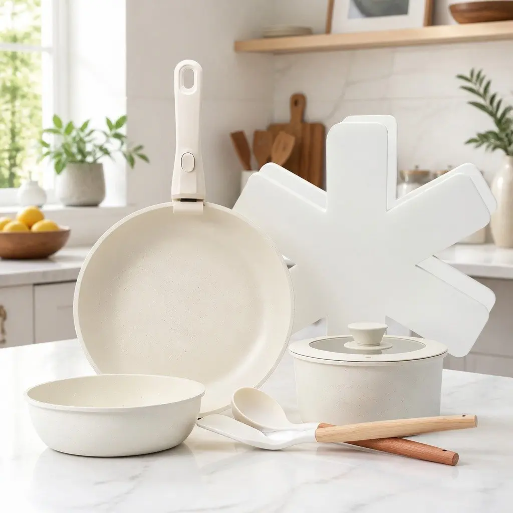 9 Piece Non Stick Cookware Set Kitchen Cooking Stackable White
