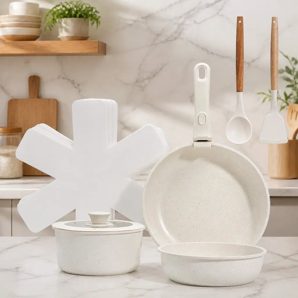 9 Piece Non Stick Cookware Set Kitchen Cooking Stackable White