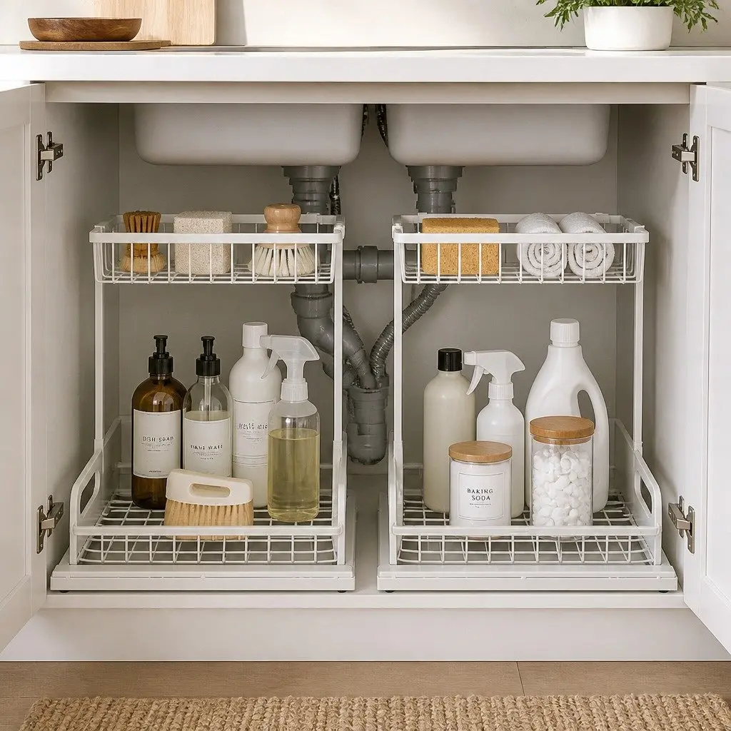 Under Sink Storage Rack 2-Tier Sliding Organiser Kitchen Bathroom White
