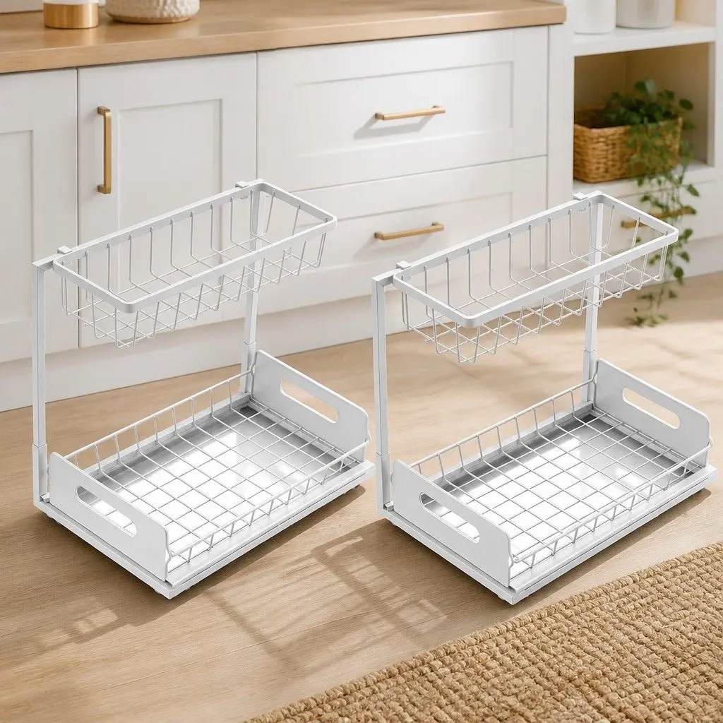 Under Sink Storage Rack 2-Tier Sliding Organiser Kitchen Bathroom White