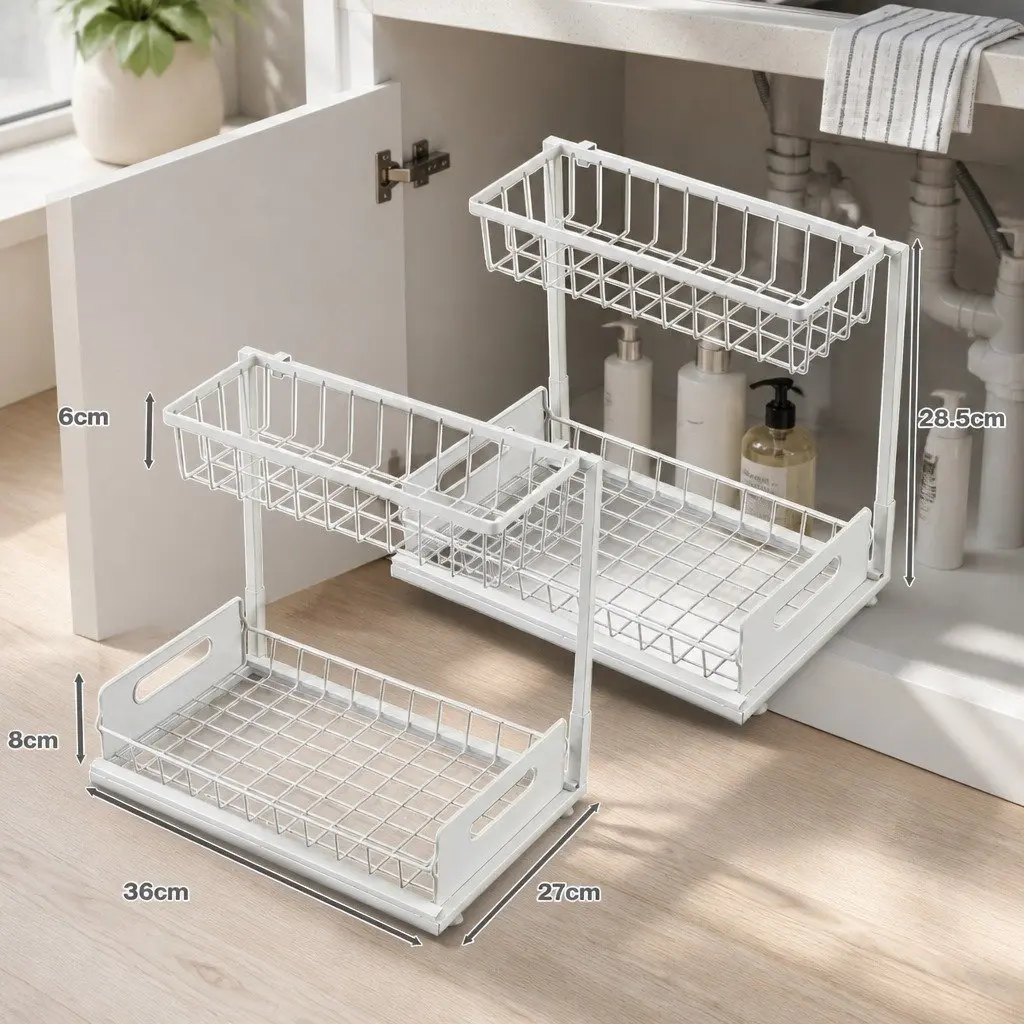 Under Sink Storage Rack 2-Tier Sliding Organiser Kitchen Bathroom White