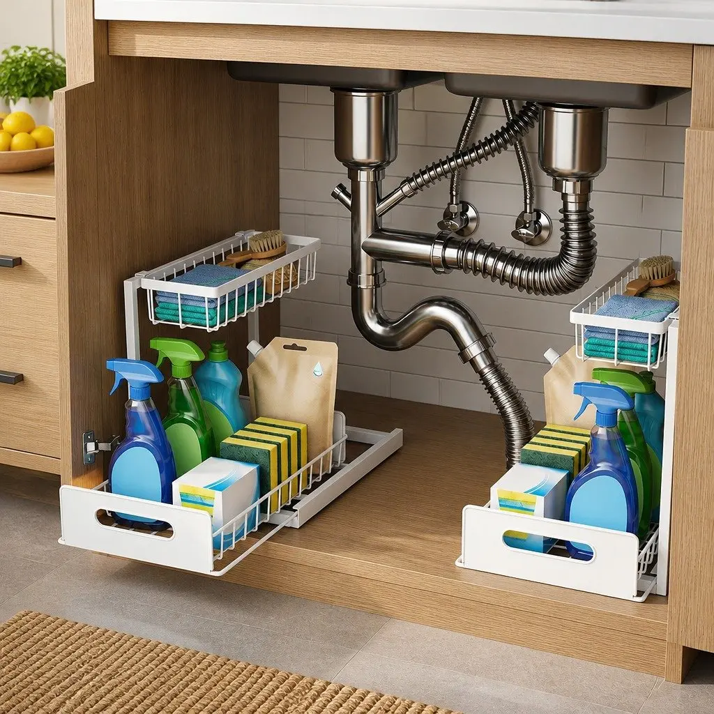 Under Sink Storage Rack 2-Tier Sliding Organiser Kitchen Bathroom White