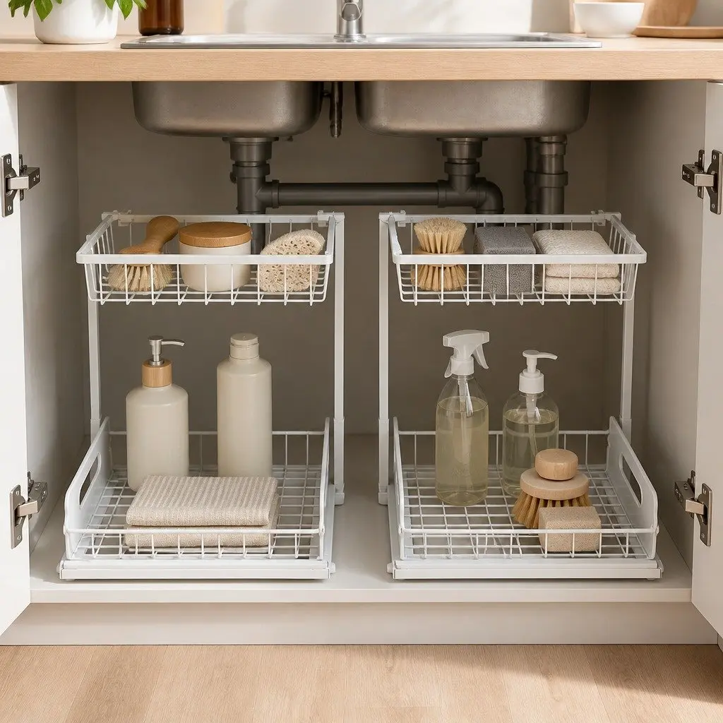 Under Sink Storage Rack 2-Tier Sliding Organiser Kitchen Bathroom White