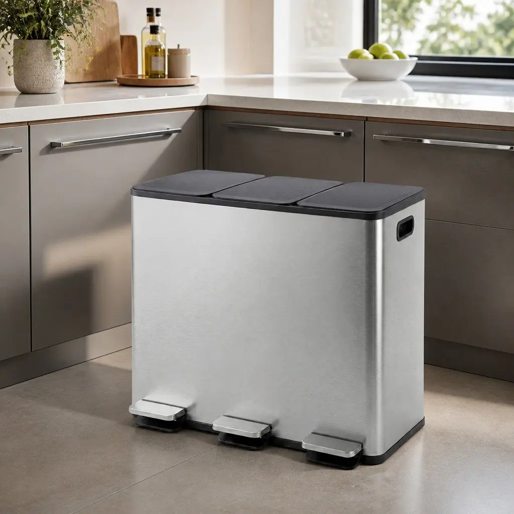 3 Compartment Pedal Rubbish Bin Kitchen Trash Can 54L Waste Sorting Recycling Metallic Silver