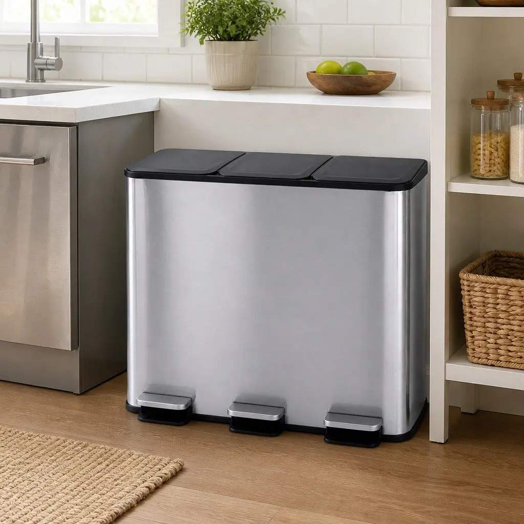 3 Compartment Pedal Rubbish Bin Kitchen Trash Can 54L Waste Sorting Recycling Metallic Silver