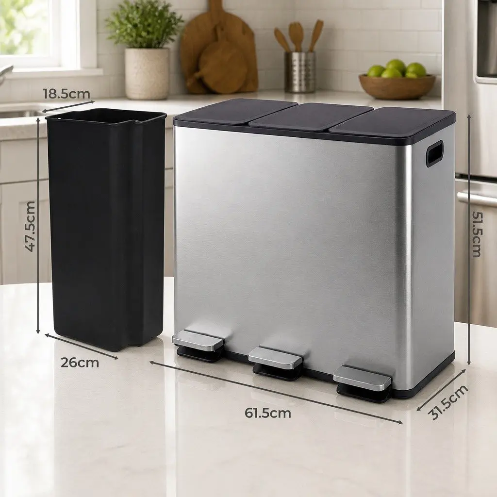 3 Compartment Pedal Rubbish Bin Kitchen Trash Can 54L Waste Sorting Recycling Metallic Silver
