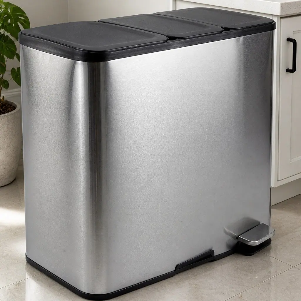 3 Compartment Pedal Rubbish Bin Kitchen Trash Can 54L Waste Sorting Recycling Metallic Silver
