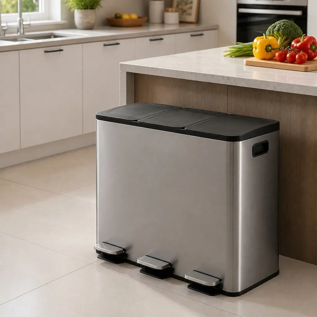 3 Compartment Pedal Rubbish Bin Kitchen Trash Can 54L Waste Sorting Recycling Metallic Silver