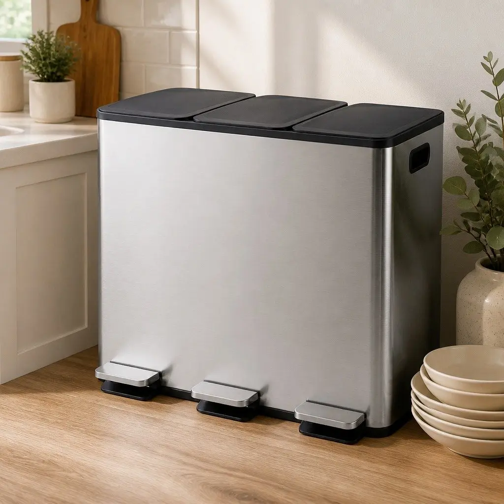 3 Compartment Pedal Rubbish Bin Kitchen Trash Can 54L Waste Sorting Recycling Metallic Silver