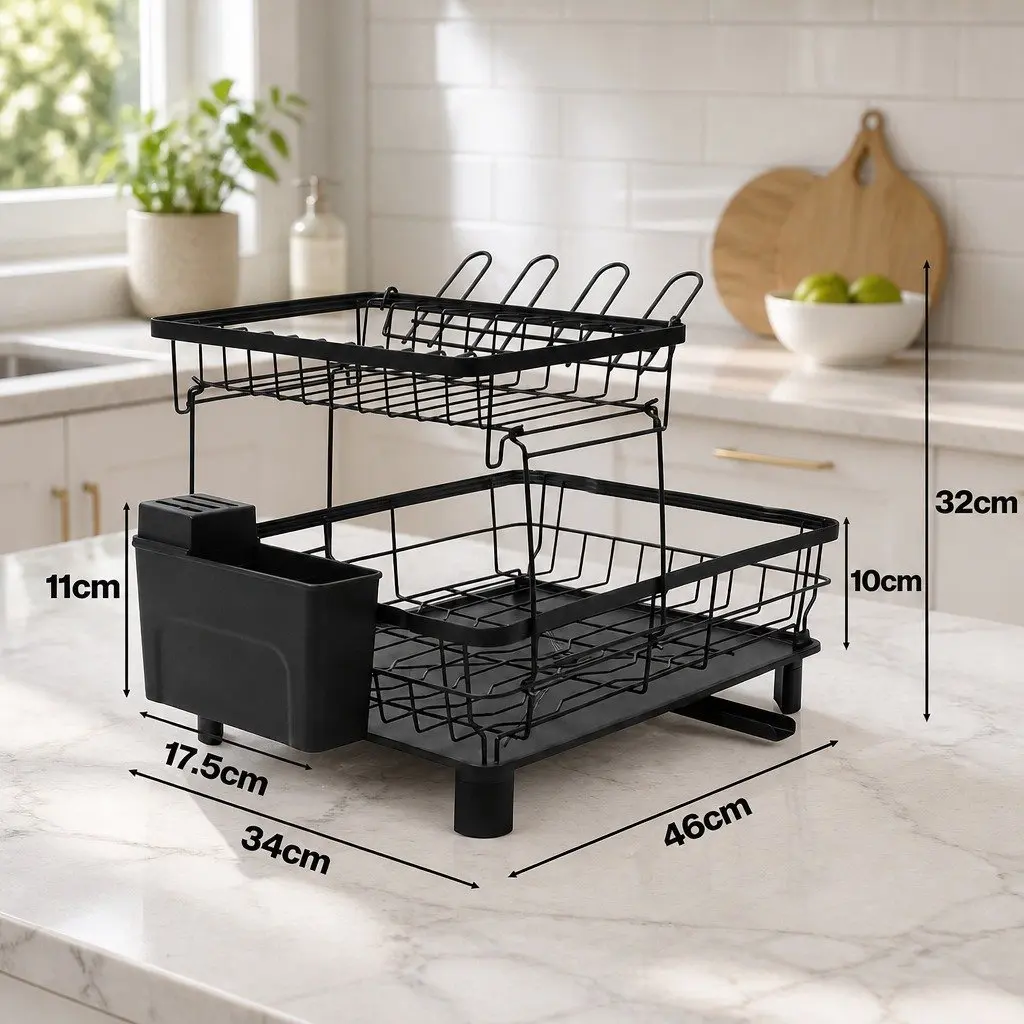 2 Tier Dish Drying Rack Kitchen Organizer Plate Drainer Cutlery Holder Black