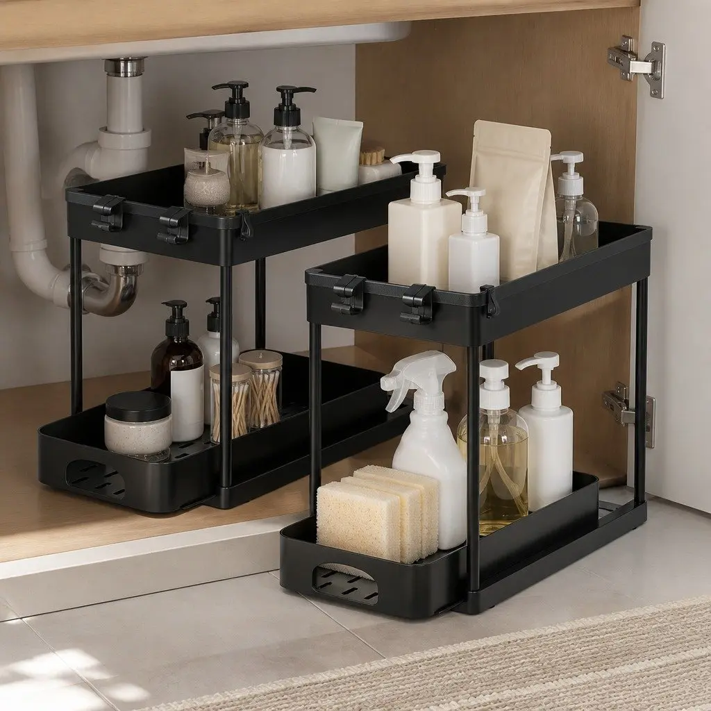 Under Sink Storage Rack Multi Purpose Organizer 2 Tier Pull Out Drawer Black