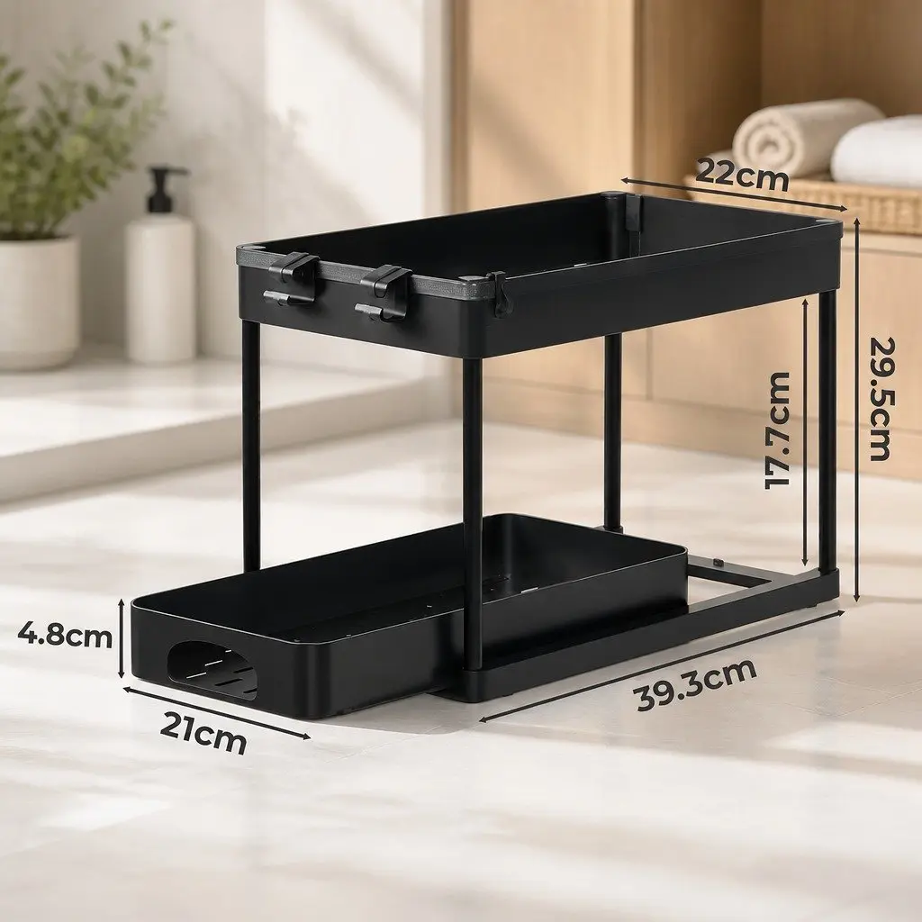 Under Sink Storage Rack Multi Purpose Organizer 2 Tier Pull Out Drawer Black