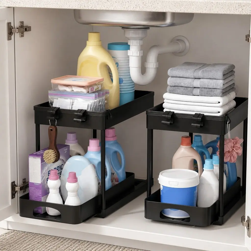 Under Sink Storage Rack Multi Purpose Organizer 2 Tier Pull Out Drawer Black