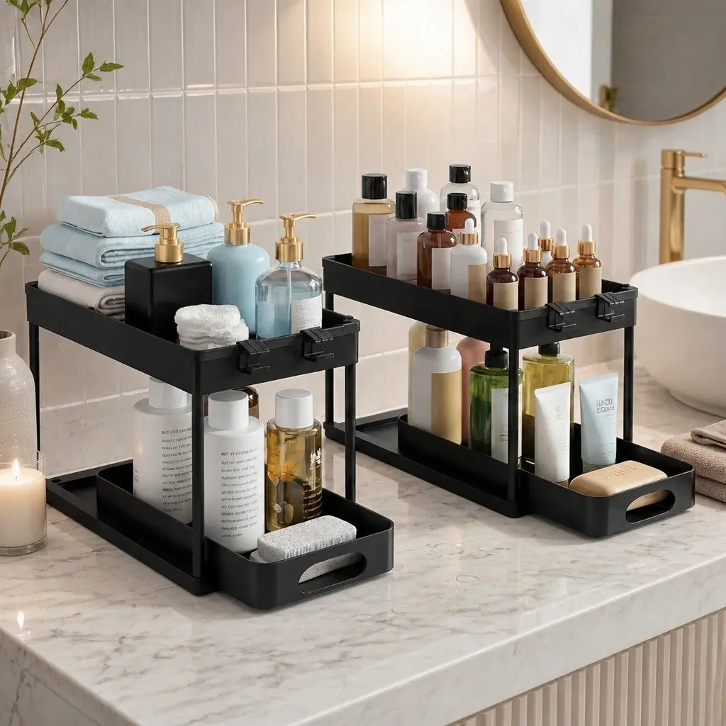 Under Sink Storage Rack Multi Purpose Organizer 2 Tier Pull Out Drawer Black