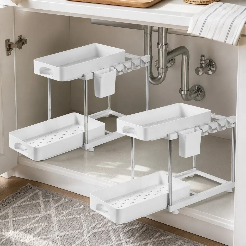 Under Sink Cabinet Organizer Adjustable Storage Rack 2 Tier White
