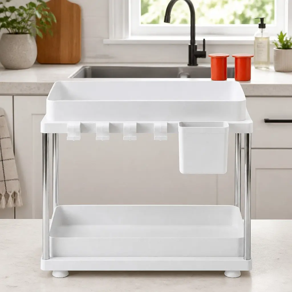 Under Sink Cabinet Organizer Adjustable Storage Rack 2 Tier White