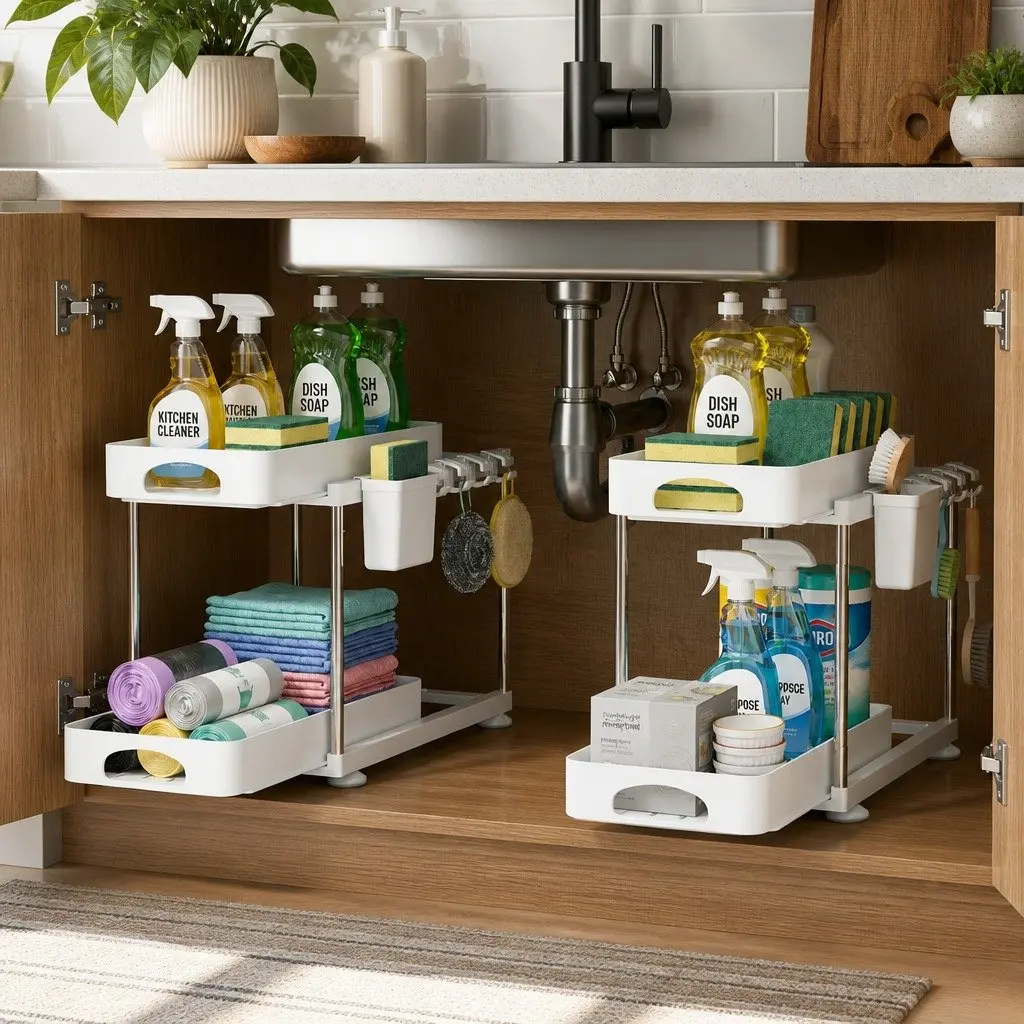 Under Sink Cabinet Organizer Adjustable Storage Rack 2 Tier White