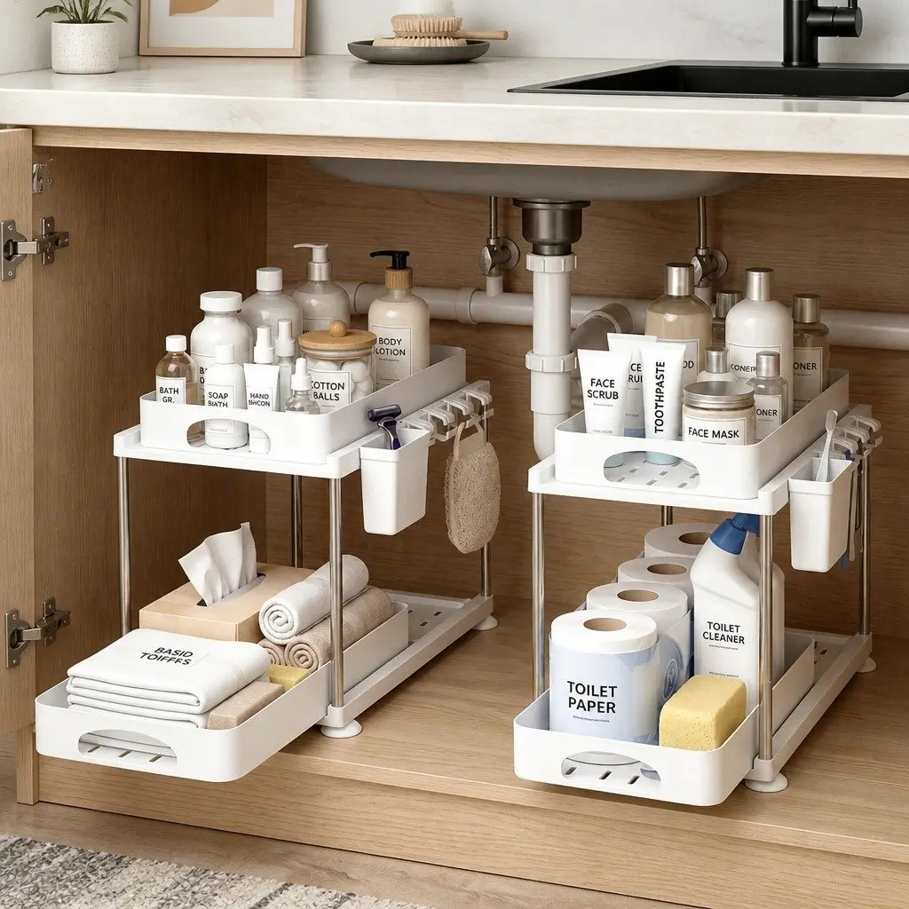Under Sink Cabinet Organizer Adjustable Storage Rack 2 Tier White