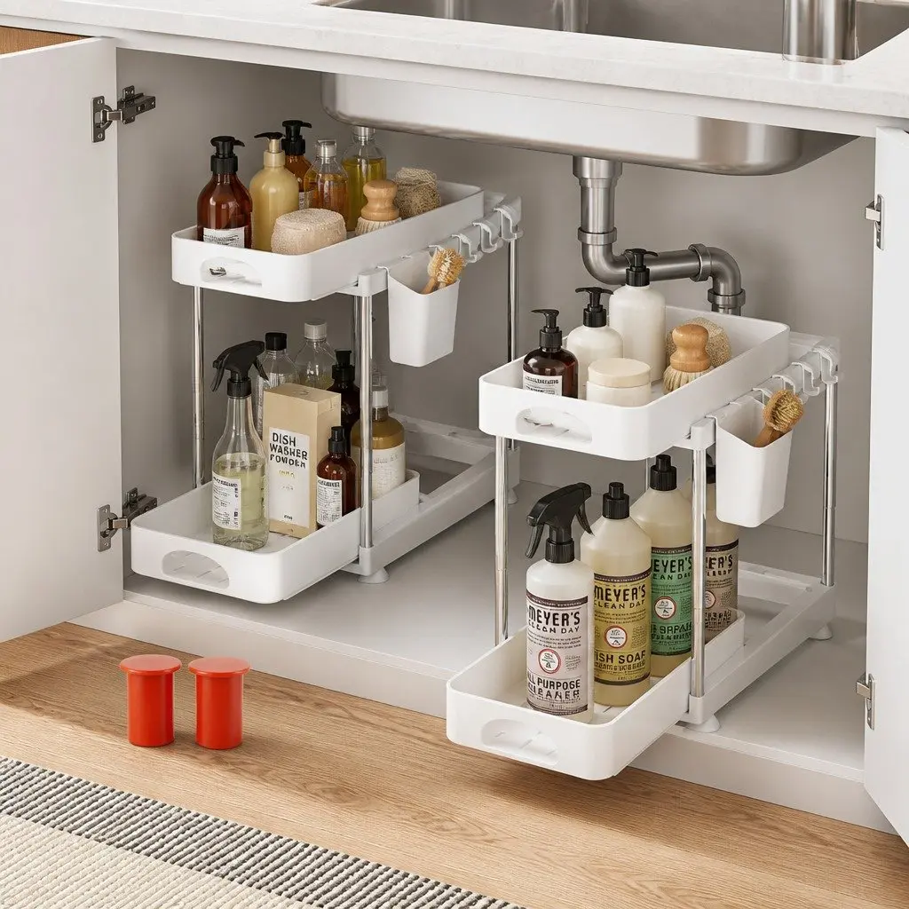 Under Sink Cabinet Organizer Adjustable Storage Rack 2 Tier White
