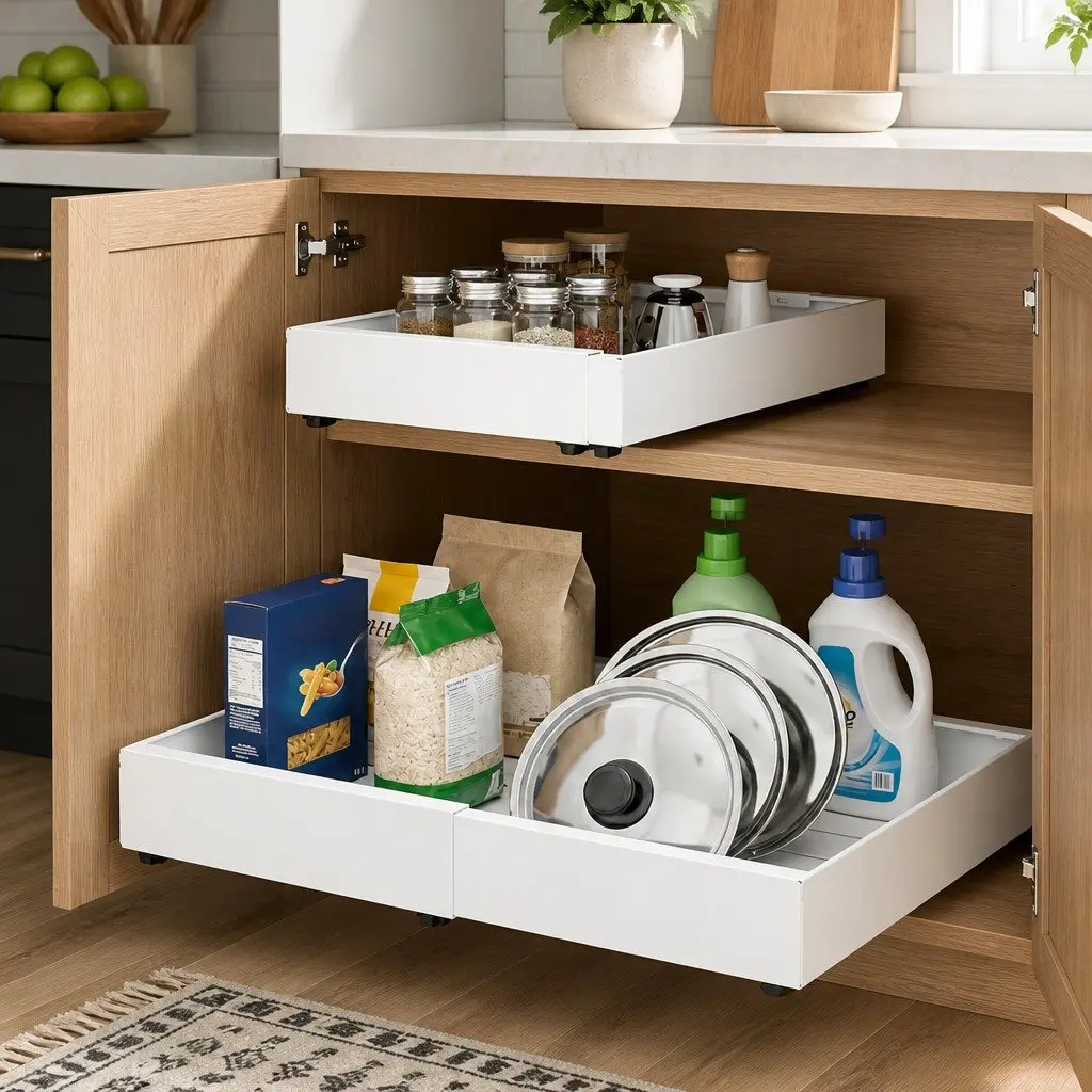 Pull Out Cabinet Organizer Drawer Shelf Kitchen Storage Basket Adjustable Width 42cm White 2 Piece
