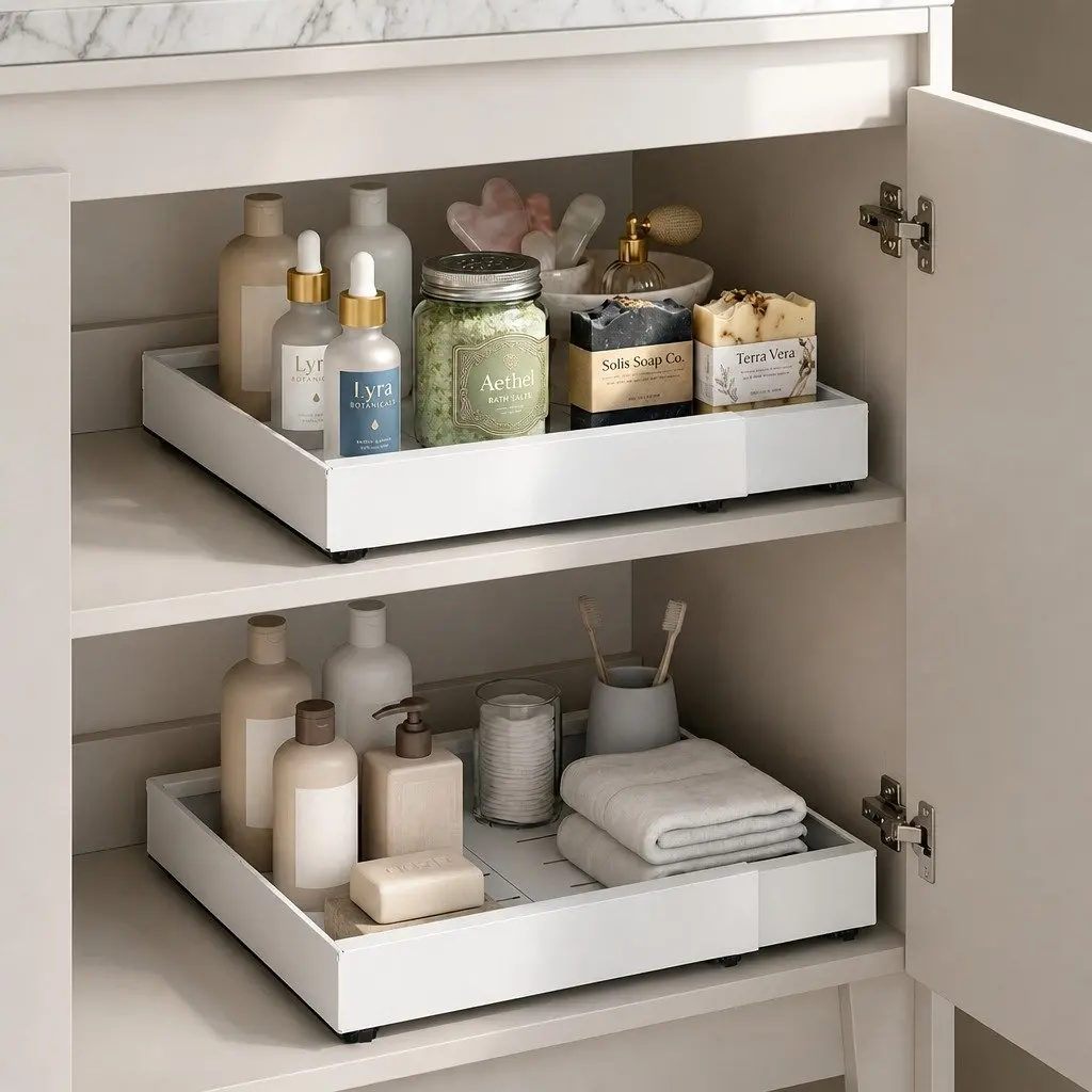 Pull Out Cabinet Organizer Drawer Shelf Kitchen Storage Basket Adjustable Width 42cm White 2 Piece